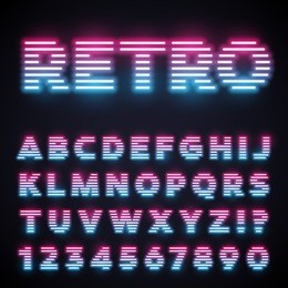 glowing neon tube font. retro text effect. latin letters from a to z and numbers from 0 to 9. pink to light blue gradient light.