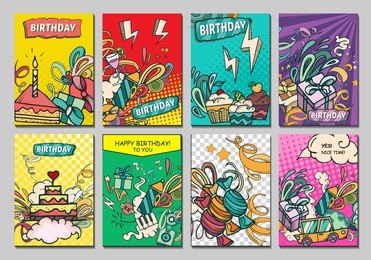 happy birthday abstract vector illustration. party and celebration design cards. illustration of balloon, gifts, fireworks, ribbon, confetti, cake, pie, drinks. ?omics style