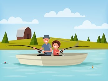 fishing on the lake. father and son go fishing while sitting in a boat. vector illustration