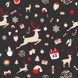 seamless pattern design. merry christmas card decoration. happy new year design elements. vintage ornament of black yellow deer, bell, snowflake, ribbon, christmas tree, snowman. vector icons set.
