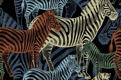 seamless vector pattern with african animals. colored zebra on a black background. template to create fabric, wallpaper, paper, textiles, curtains, design summer clothes in the style of safari.