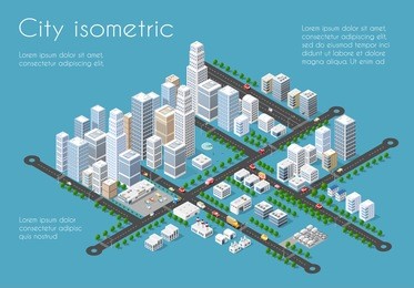 transportation city streets intersection with houses and trees. isometric view from above on a urban transport