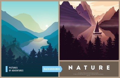 set of nature landscape backgrounds with silhouettes of mountains and trees. vector illustration