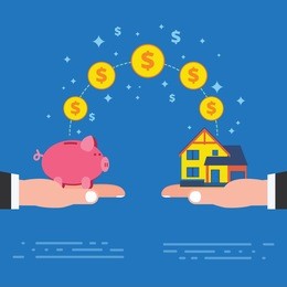 real estate investment or housing construction payment. buying new house metaphor with piggy bank on hand. business concept vector illustration