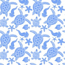 hand drawn pattern with turtles, jellyfish and other sea animals 