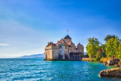 close view of chillon castle in the sunshine, on the lakeside of lake geneva, montreux, canton of vaud, switzerland
