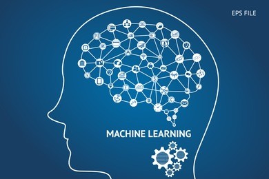 machine learning and artificial intelligence concept. robot brain with financial icons and binary coded gears. blue background.