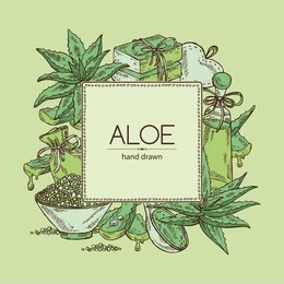 background with with aloe , essential oil and soap. cosmetics and medical plant. hand drawn