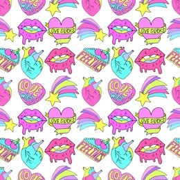 seamless vector pattern with patch badges or pin badges made in cartoon style and feminine pink colors on crazy funny freak theme with lips, heart, star and cake. pop art retro theme.
