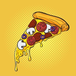 vector hand drawn pop art illustration of pizza. fast food. retro style. hand drawn sign. illustration for print, web.