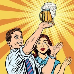 triumph beer festival bar pub man and woman pop art retro vector. mug of beer on the podium