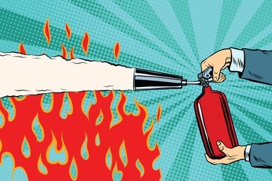 extinguish the flames with a fire extinguisher pop art retro vector. red fire