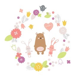 cute funny animals and flowers set isolated on white background in vector. good for posters, stickers, cards, notebooks and other kids games and accessories. bunny, bear, birds, flowers