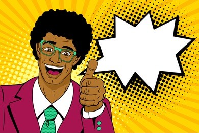 wow pop art man. happy young surprised african man in glasses and suit shows thumb up with open mouth, afro hairstyle and speech bubble. vector cartoon background in pop art retro comic style. 