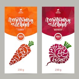 vector set of templates packaging vegetarian food, label, banner, poster, identity, branding. abstract color background with ornamental design elements - carrot and beetroot. vegetarian chips
