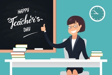 happy teacher's day. a kind teacher smiling and sitting at her desk showing thumb up. vector illustration