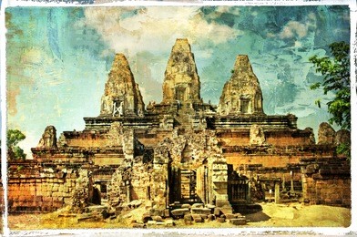 ancient cambodian temple pre rup - artwork in retro style