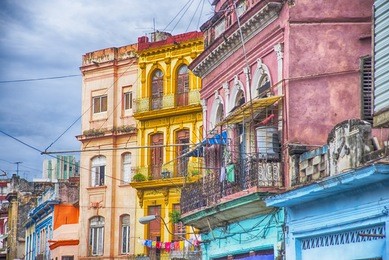 detail of colorful balconies and buildings in old havana, cuba