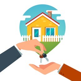 buying a new house. real estate agent giving a home keychain to a buyer. modern flat style vector illustration isolated on white background.