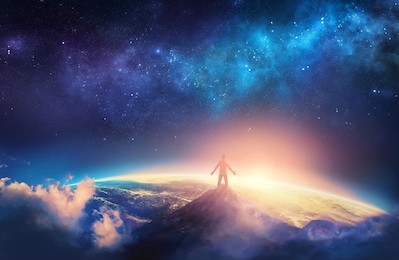 a man climbs a high mountain and lifts his arms up in praise. 3d illustration. elements provided by nasa