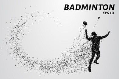 badminton consists of particles. vector graphics are an athlete hits the racket and the shuttlecock