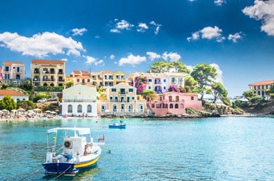 assos on the island of kefalonia in greece. view of beautiful bay of assos village, kefalonia island, greece. 