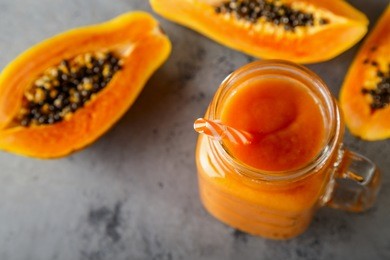 papaya smoothie, selective focus. detox, diet food, vegetarian food, healthy eating concept.