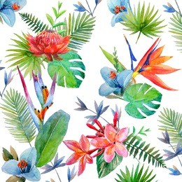 pattern with watercolor tropical flowers, leaves and plants on white background. hand painted jungle paradise background for textile.