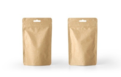 craft paper pouch bag front and back view isolated on white background. packaging template mockup collection. with clipping path included.