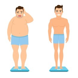 before and after weight loss. fat man and healthy fitness man on scales vector illustration
