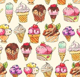 doodle seamless colorful pattern with different line art ice cream. repeated background with sweet dessert. 