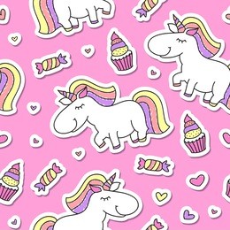 vector seamless pattern of cute cartoon unicorns, baby background with paper stickers
