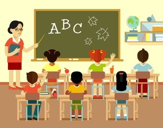 different multicultural school children group and young teacher woman at class lesson in flat style isolated on white background