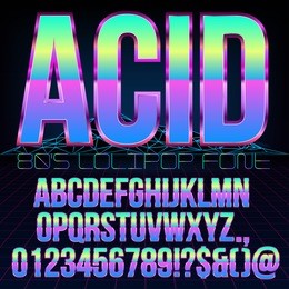 acid lollipop style retro futurism 80's sci-fi metallic chrome violet colored bright style action movie vector font set.