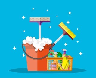 cleaning set. household cleaning products and accessories in plastic basket. bucket with soap, rubber gloves, mop, detergent spay, sponge. vector illustration in flat design on blue