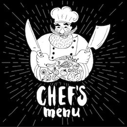 chef's menu logo. chalkboard, background. chef, male, beard, mustache, knife, smile, cleavers, chef's hat, light rays. hand drawn vector illustration.