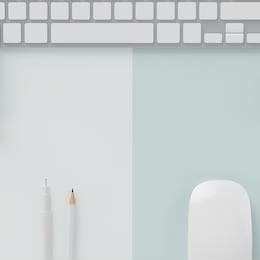 minimal work space : whiten pen , white pencil , mouse , computer on light green contrast white pastel background , top view , flat lay.