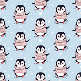 seamless pattern with penguin animal in cute red sweater. endless texture with funny polar winter bird. wallpaper design with cartoon character. wild penguin in flat style design. vector