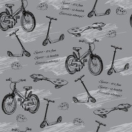 vector illustration of seamless pattern of hand drawn baby bike, skateboard, kick scooter, wave board and helmet. template for wrapping paper.