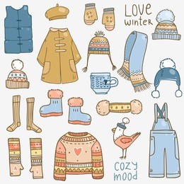 vector cute hand drawn set collection with winter elements of clothes and other cozy warm stuff for girls