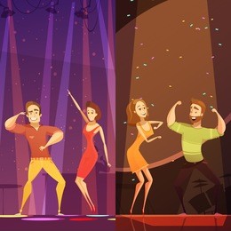two young couples dancing in colorful spotlights at disco club night party cartoon poster abstract vector illustration 