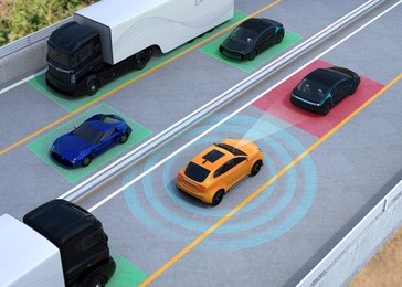 concept illustration for auto braking, lane keeping functions. 3d rendering image.