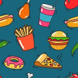 hand drawn seamless pattern of fast food with pizza, hamburger, chicken, hot-dog, pepper. tomato and drink. cartoon multicolor background.
