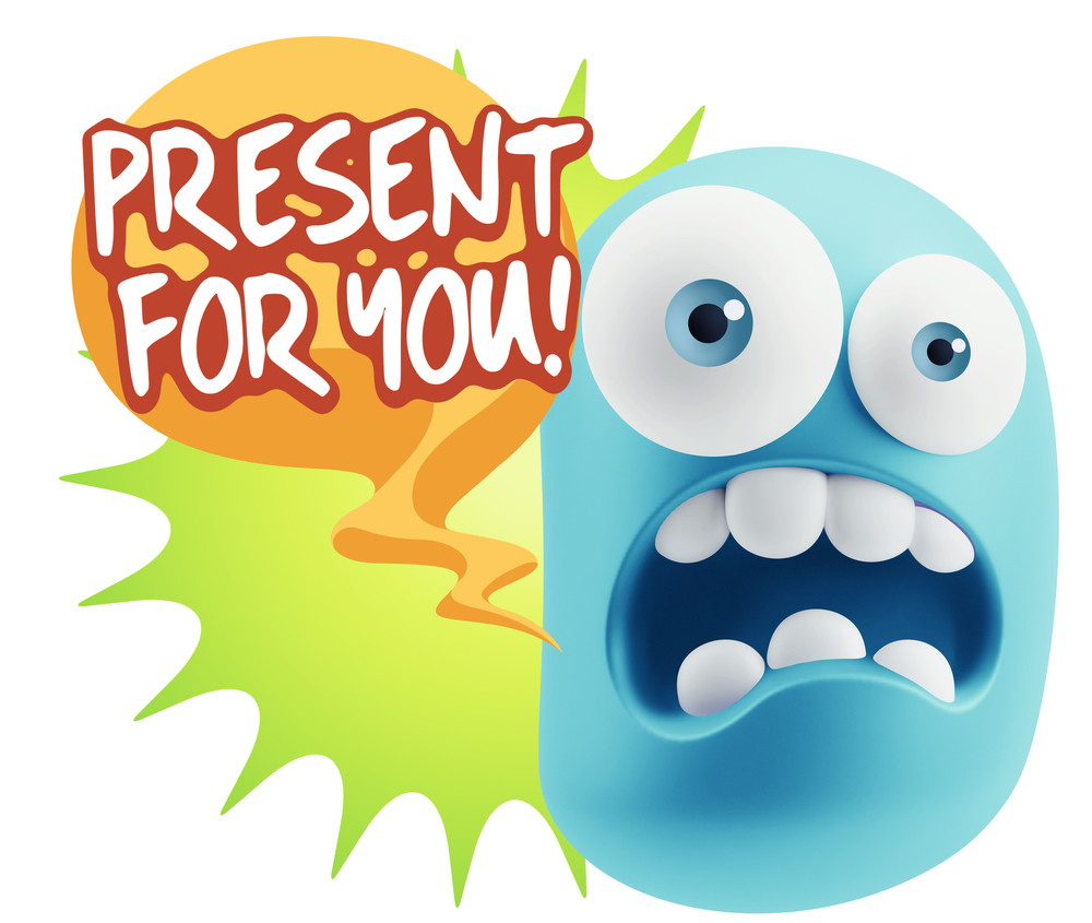 3d rendering surprise character face emoticon saying present for