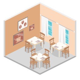 isometric interior of coffee shop. flat 3d isometric design interior cafe or restaurant. concept illustration of the room.