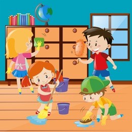 boys and girls cleaning room together illustration