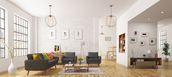 modern interior of living room, scandinavian style 3d rendering