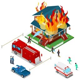 firefighters extinguish a fire in house isometric city. fireman helps injured woman. vector 3d flat illustration