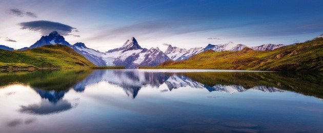 panoramic view of the mt. schreckhorn and wetterhorn. popular tourist attraction. dramatic and picturesque scene. location place bachalpsee in swiss alps, grindelwald valley, europe. beauty world.