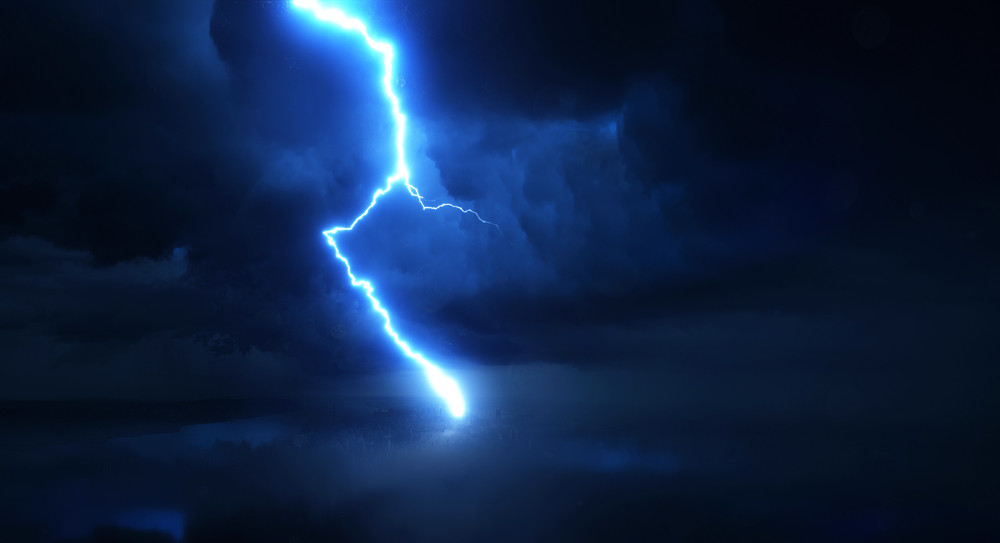 thunderstorm with high quality lightning discharge in super slow motion against dark stormy sky with huge clouds. ultra high speed camera shot. perfect for film, documentary, digital composition